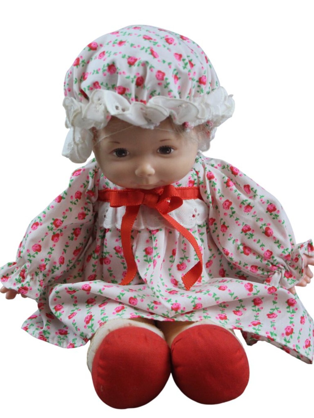 Fisher Price Baby Ann Doll Vintage Toy 1973 White Red Floral Dress Hat Blond 14"